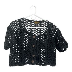 Rico Vintage Black Short Sleeve Crop Macrame Crochet Button Front Black Cardigan